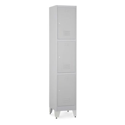 Kovová šatní skříňka - 3 boxy, 38 x 45 x 196,5 cm, nastavitelné nožky, cylindrický zámek, světle šedá - ral 7035