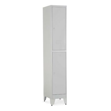 Kovová šatní skříňka - 2 boxy, 38 x 45 x 196,5 cm, nastavitelné nožky, cylindrický zámek, světle šedá - ral 7035
