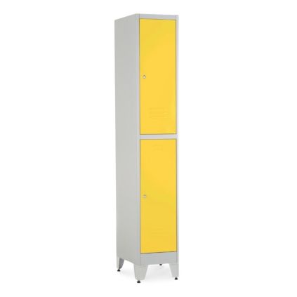 Kovová šatní skříňka - 2 boxy, 38 x 45 x 196,5 cm, nastavitelné nožky, cylindrický zámek, žlutá - ral 1023