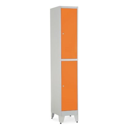 Kovová šatní skříňka - 2 boxy, 38 x 45 x 196,5 cm, nastavitelné nožky, cylindrický zámek, oranžová - ral 2004