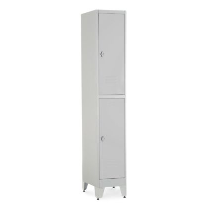 Kovová šatní skříňka - 2 boxy, 38 x 45 x 196,5 cm, nastavitelné nožky, otočný zámek, světle šedá - ral 7035