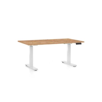 Výškově nastavitelný stůl OfficeTech D, 140 x 80 cm, bílá podnož, dub kraft