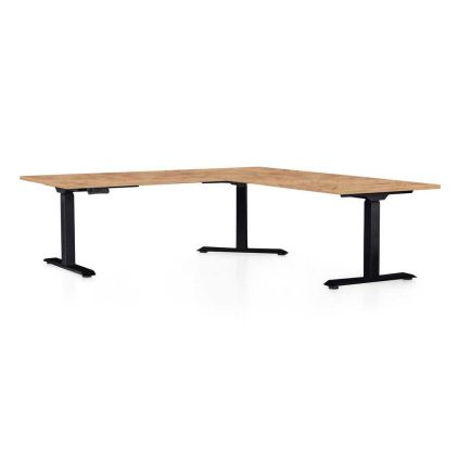 Výškově nastavitelný stůl OfficeTech Angle, 180 x 200 cm, černá podnož, dub kraft