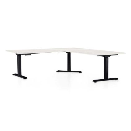 Výškově nastavitelný stůl OfficeTech Angle, 180 x 200 cm, černá podnož, bílý jasan