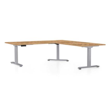 Výškově nastavitelný stůl OfficeTech Angle, 180 x 200 cm, šedá podnož, dub zlatý