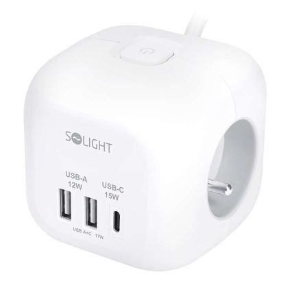 Prodlužovací kabel 3Z + USB - kostka, 2m, vypínač, 3x1,0, bílá