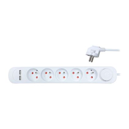 Prodlužovací kabel 5Z + 2x USB A + nabíječka - 3m, vypínač, 3x1,0, bílá