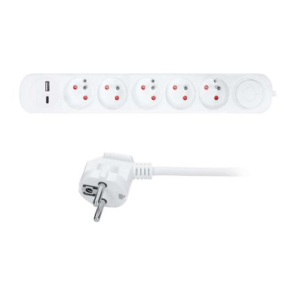 Prodlužovací kabel 5Z + USB A + USB C + nabíječka - 3m, vypínač, 3x1,0, bílá