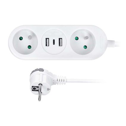 Prodlužovací kabel 2Z + 2x USB A + USB C - 1,5m, 3x1,0, bílá