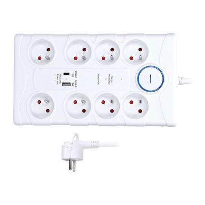 Přepěťová ochrana 8Z + USB A + USB C - 2m, bílá