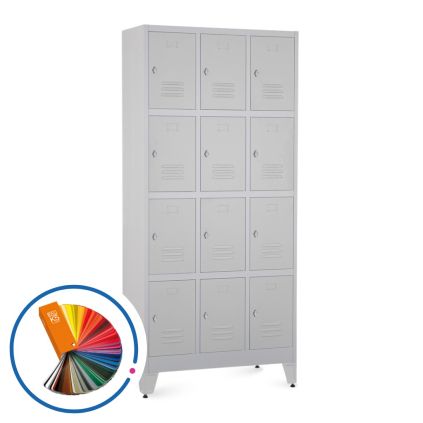Kovová šatní skříňka - 12 boxů, 90 x 40 x 196,5 cm, nastavitelné nožky, otočný zámek, libovolná RAL