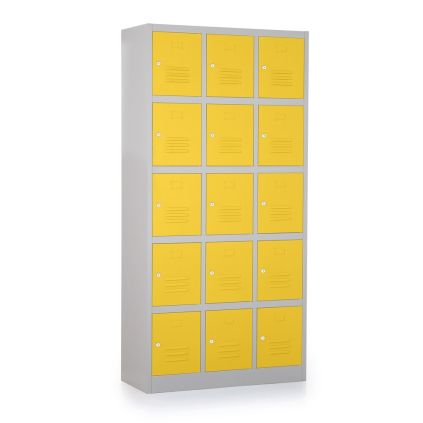 Kovová šatní skříňka - 15 boxů, 90 x 40 x 185 cm, cylindrický zámek, žlutá - ral 1023
